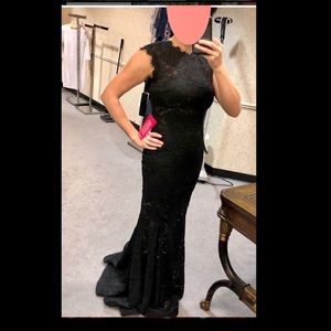 Betsy & Adam black lace, mermaid, formal gown